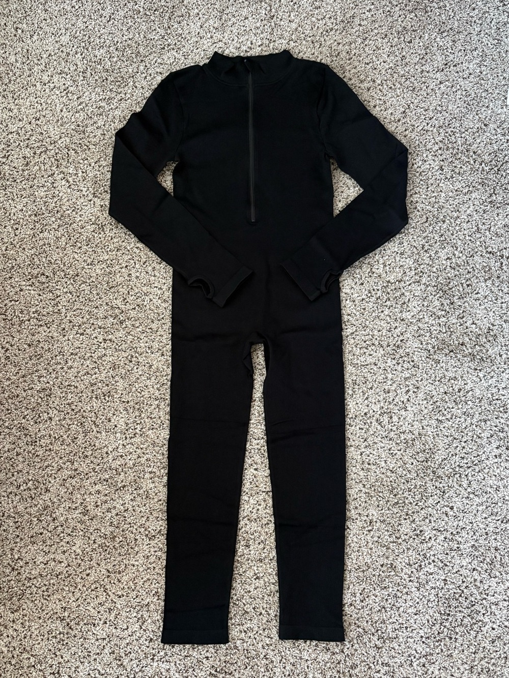 Black Zip-Front Long-Sleeve Ribbed Jumpsuit